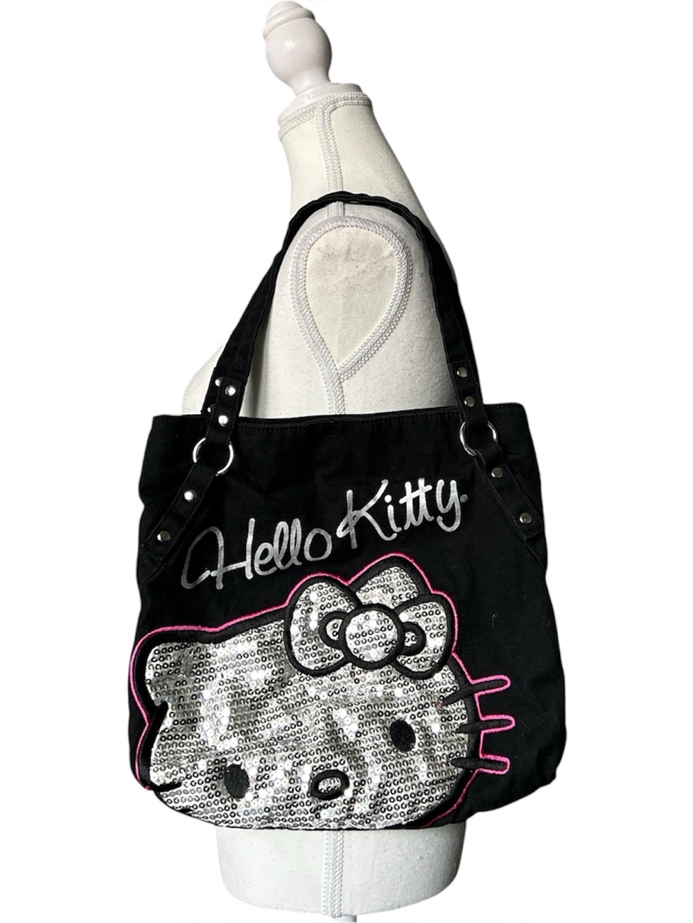 Y2K “Hello Kitty” Black Sequin Graphic Grommet Style Shoulder Tote Bag